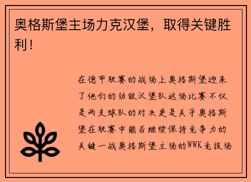 奥格斯堡主场力克汉堡，取得关键胜利！