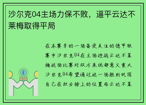 沙尔克04主场力保不败，逼平云达不莱梅取得平局